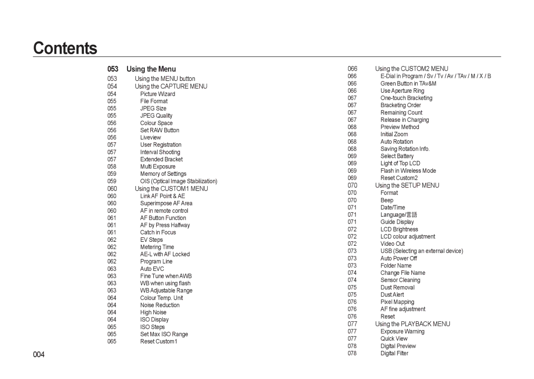 Samsung GX-20 manual Using the Menu, 004 