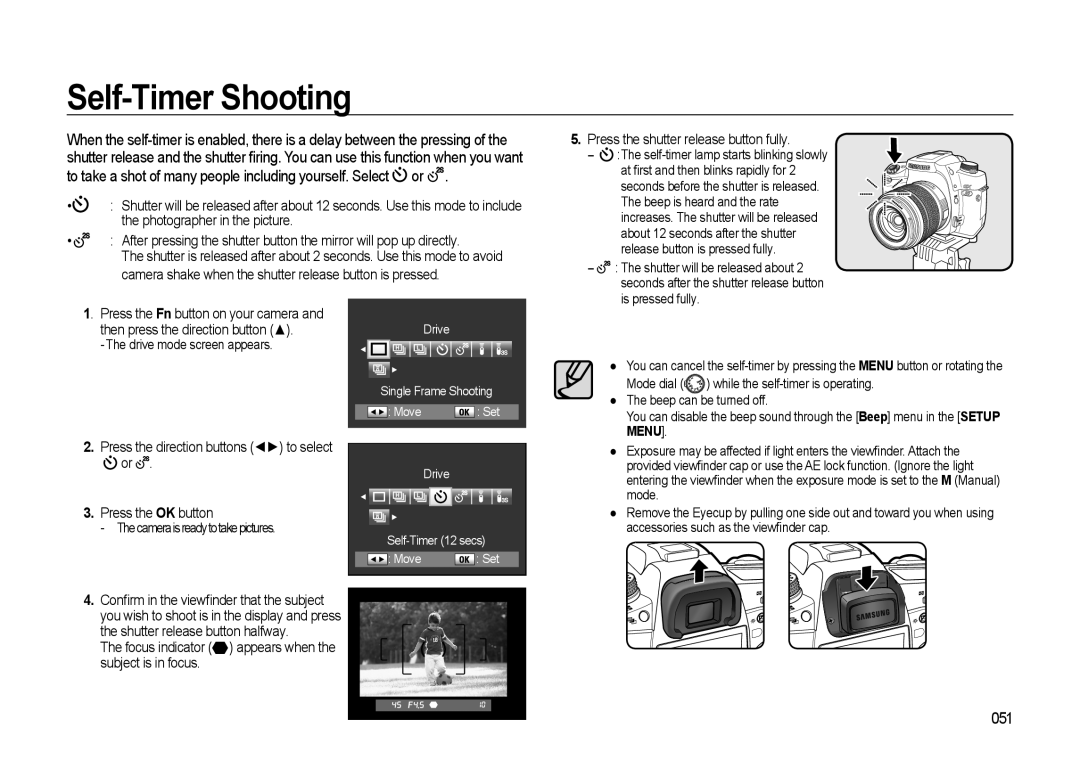 Samsung GX-20 manual Self-Timer Shooting, 051, Press the shutter release button fully 