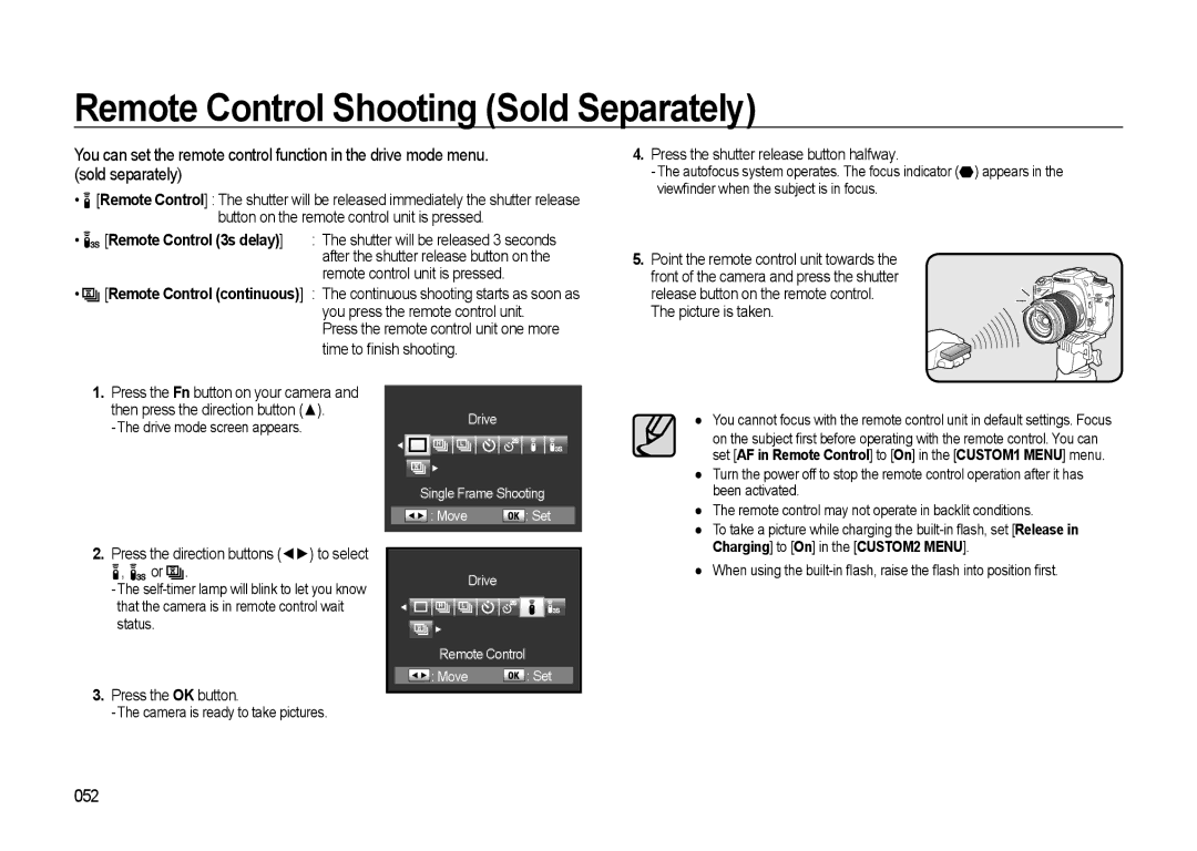 Samsung GX-20 manual Remote Control Shooting Sold Separately, 052, Remote control unit is pressed 