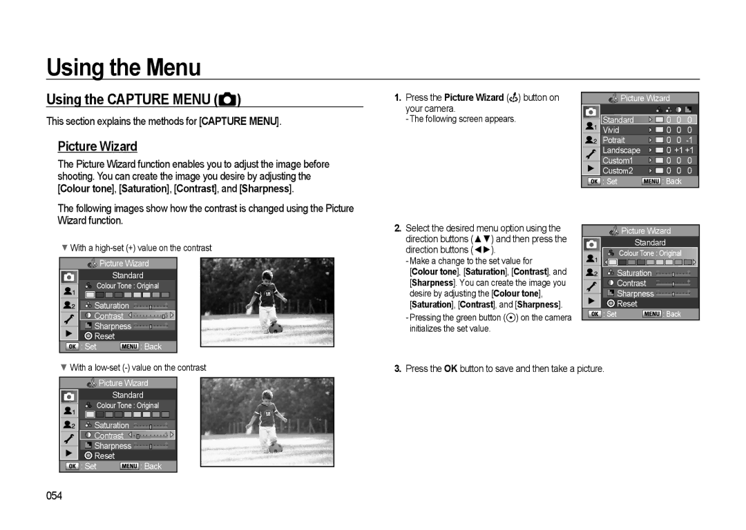 Samsung GX-20 manual Using the Capture Menu, Picture Wizard, This section explains the methods for Capture Menu, 054 