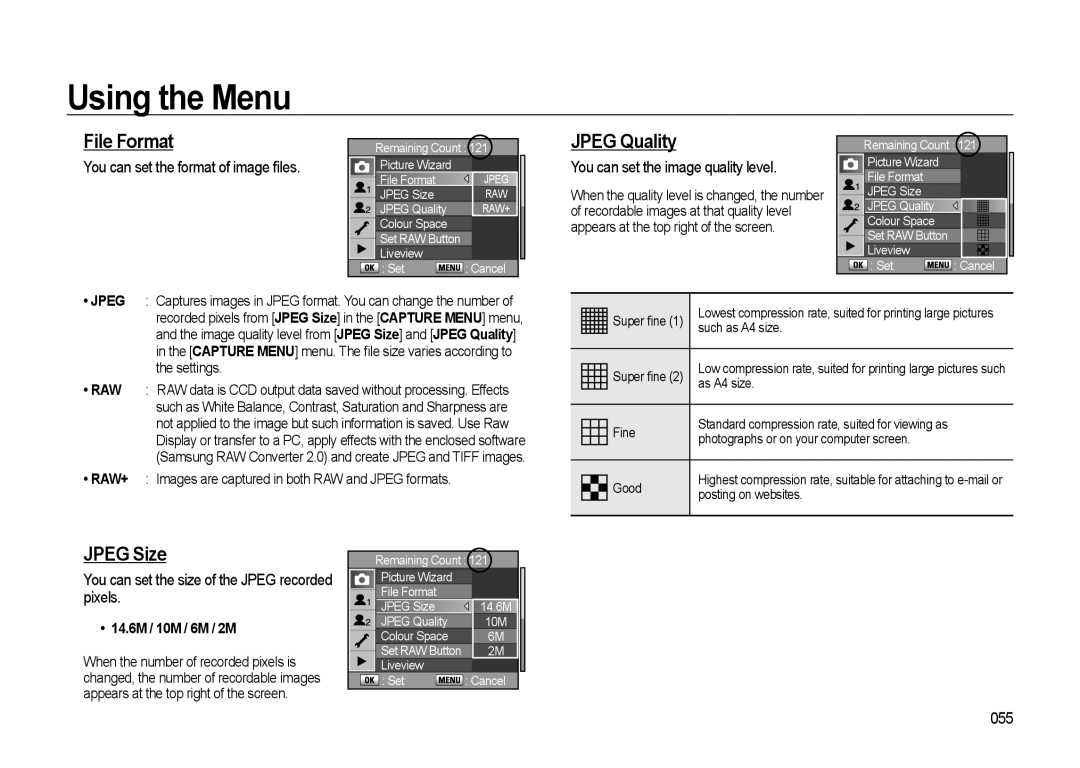 Samsung GX-20 manual File Format, Jpeg Quality, Jpeg Size 