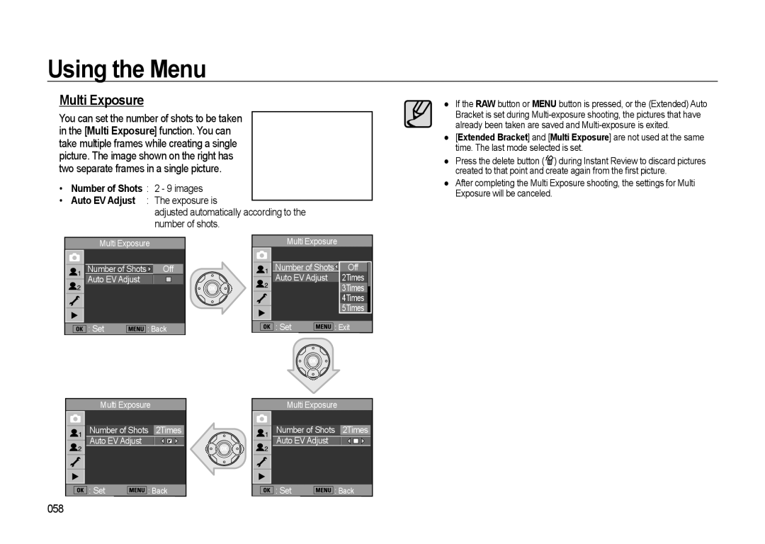 Samsung GX-20 manual Multi Exposure, 058, Number of Shots 2 9 images, Auto EV Adjust The exposure is 