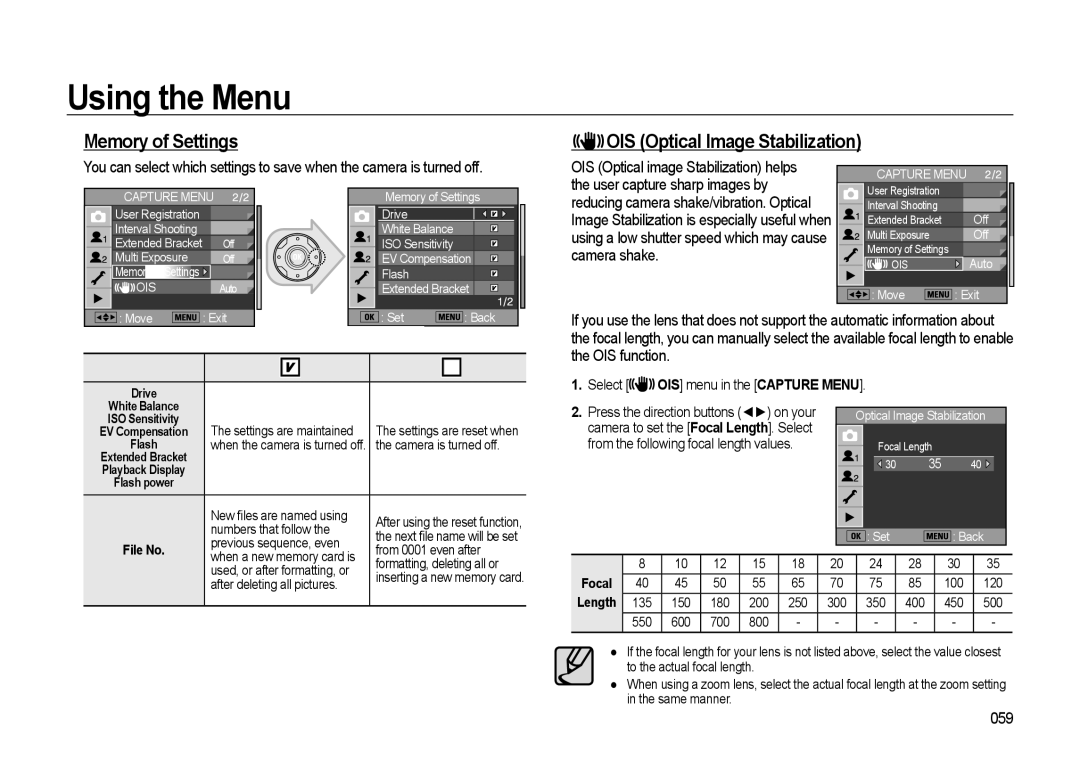 Samsung GX-20 manual Memory of Settings OIS Optical Image Stabilization, 059, Select OIS menu in the Capture Menu 