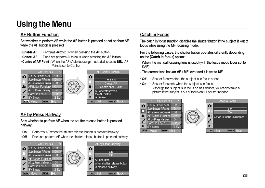 Samsung GX-20 manual AF Button Function, AF by Press Halfway, Catch in Focus, 061 