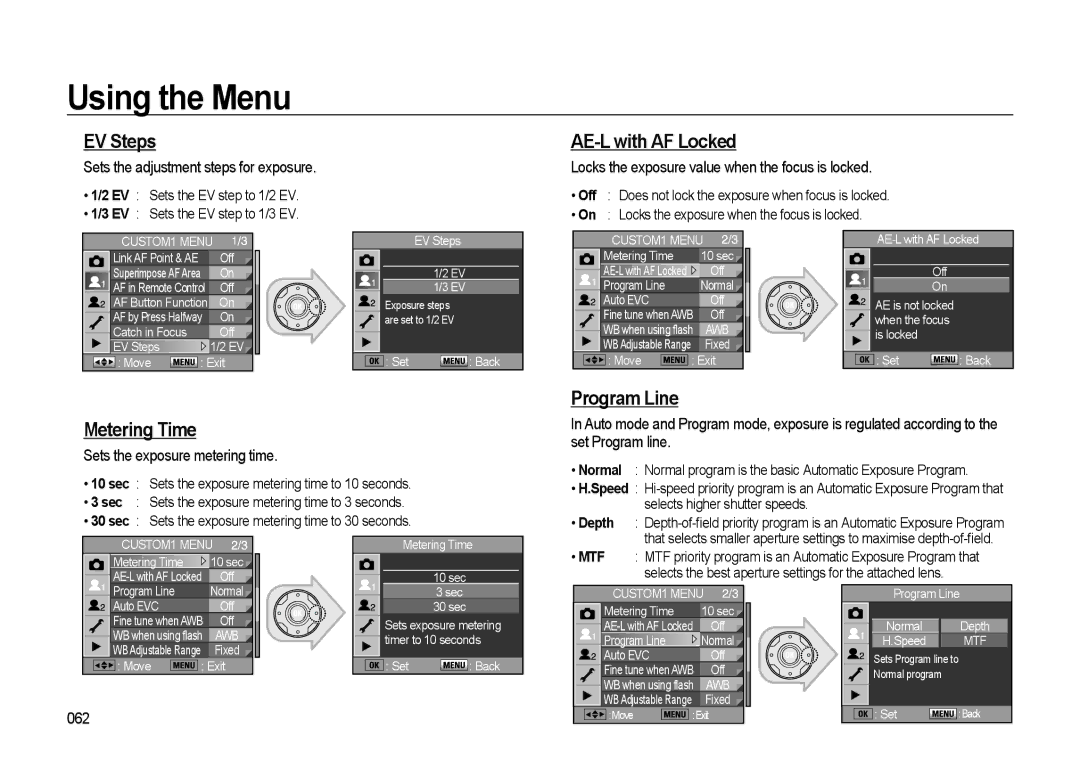 Samsung GX-20 EV Steps, AE-L with AF Locked, Program Line Metering Time, Locks the exposure value when the focus is locked 