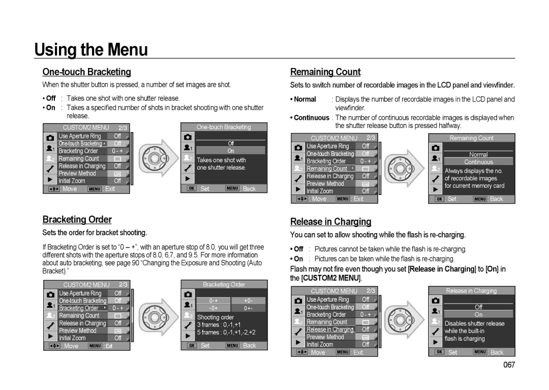 Samsung GX-20 manual One-touch Bracketing, Remaining Count, Bracketing Order, Release in Charging 