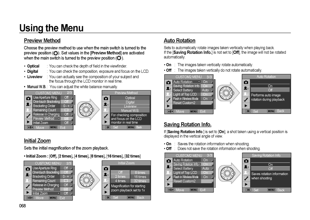 Samsung GX-20 manual Preview Method, Initial Zoom, Auto Rotation, Saving Rotation Info 