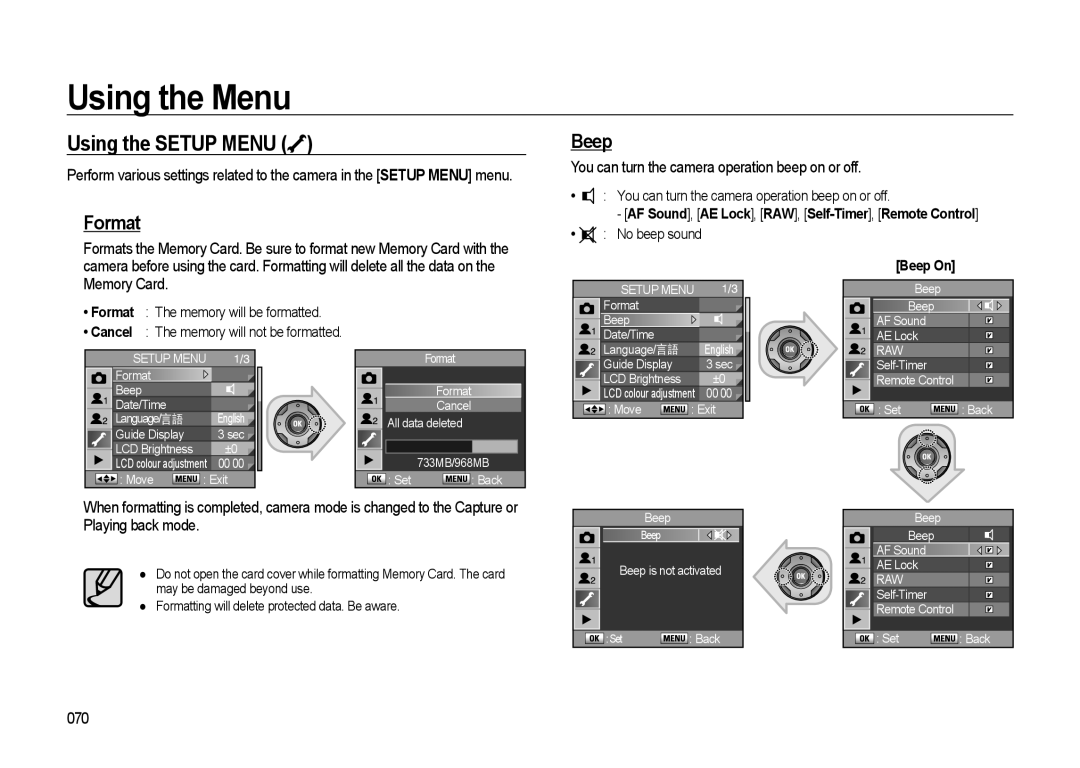 Samsung GX-20 manual Using the Setup Menu, Format, Beep, You can turn the camera operation beep on or off, 070 