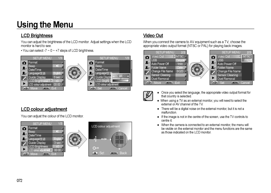 Samsung GX-20 LCD Brightness, Video Out, LCD colour adjustment, 072, You can select -7 ~ 0 ~ +7 steps of LCD brightness 