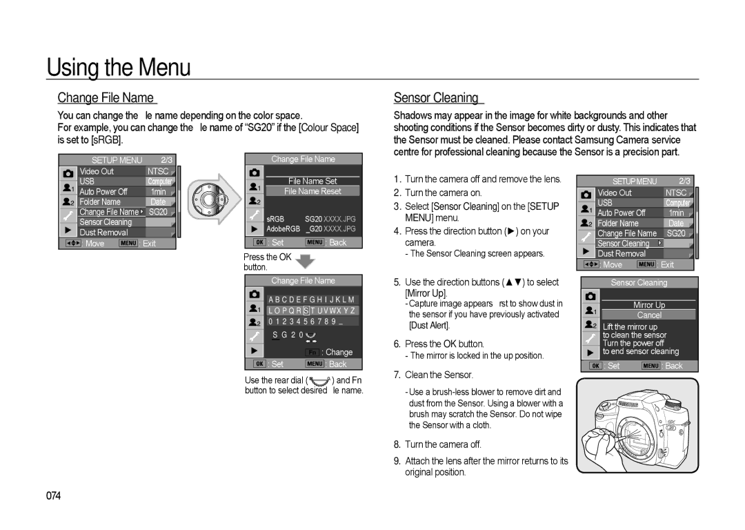 Samsung GX-20 manual Change File Name, 074, Select Sensor Cleaning on the Setup Menu menu 