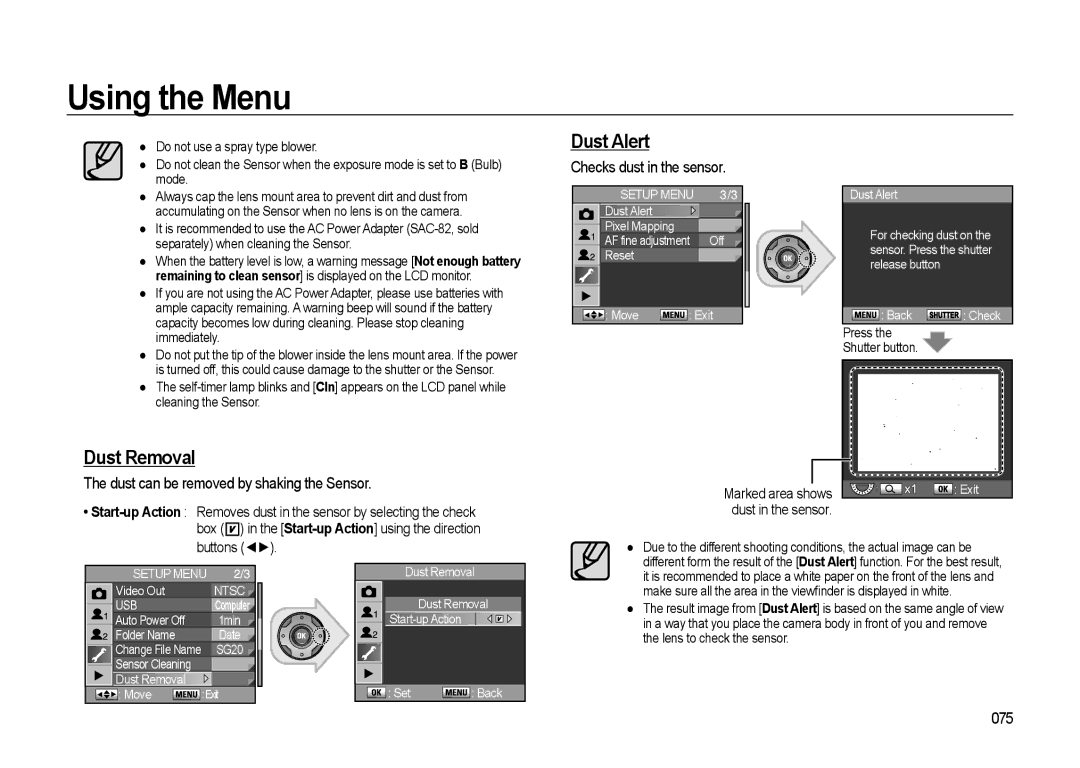 Samsung GX-20 manual Dust Removal, Dust Alert, Dust can be removed by shaking the Sensor, Checks dust in the sensor, 075 