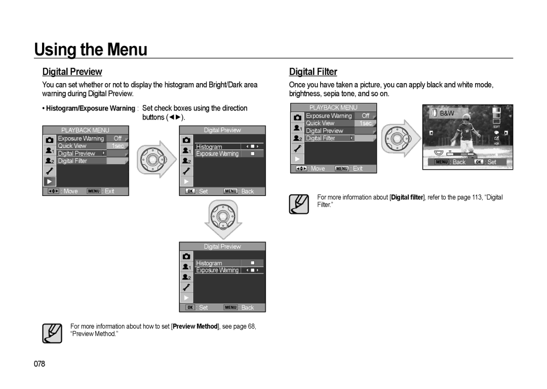 Samsung GX-20 manual Digital Preview, Digital Filter, 078, Back Set Move Exit 