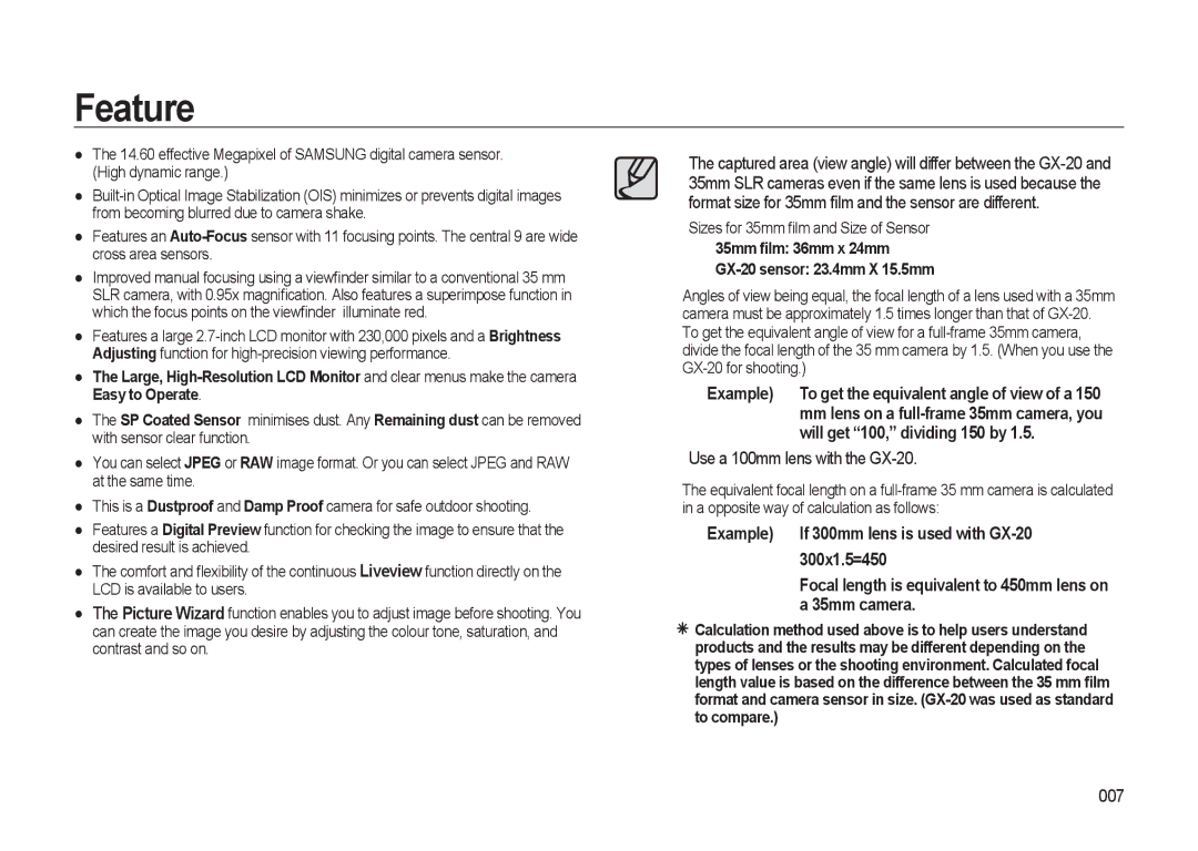 Samsung manual Feature, Use a 100mm lens with the GX-20, 007, Sizes for 35mm ﬁlm and Size of Sensor 