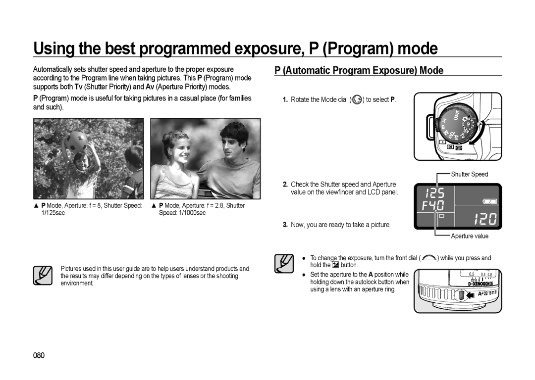 Samsung GX-20 manual Using the best programmed exposure, P Program mode, Automatic Program Exposure Mode, 080 