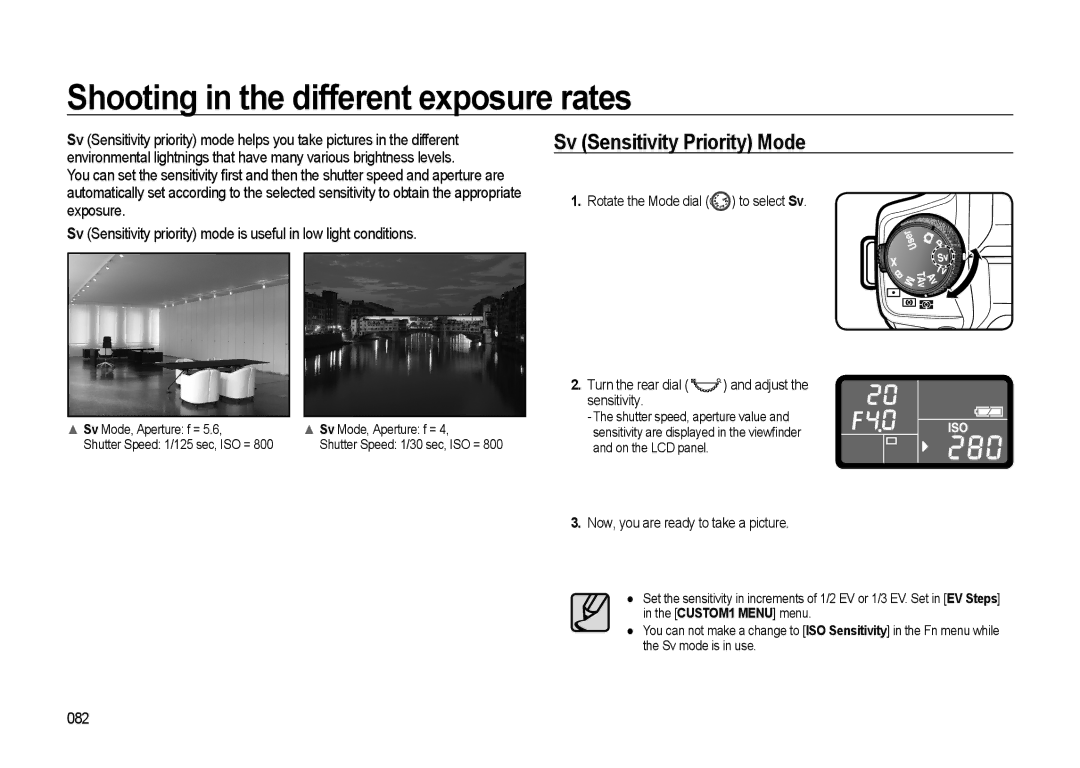 Samsung GX-20 manual Shooting in the different exposure rates, Sv Sensitivity Priority Mode, 082, Sv Mode, Aperture f = 