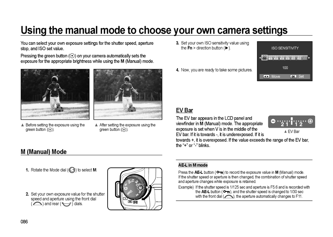 Samsung GX-20 manual Manual Mode, EV Bar, 086, AE-L in M mode 