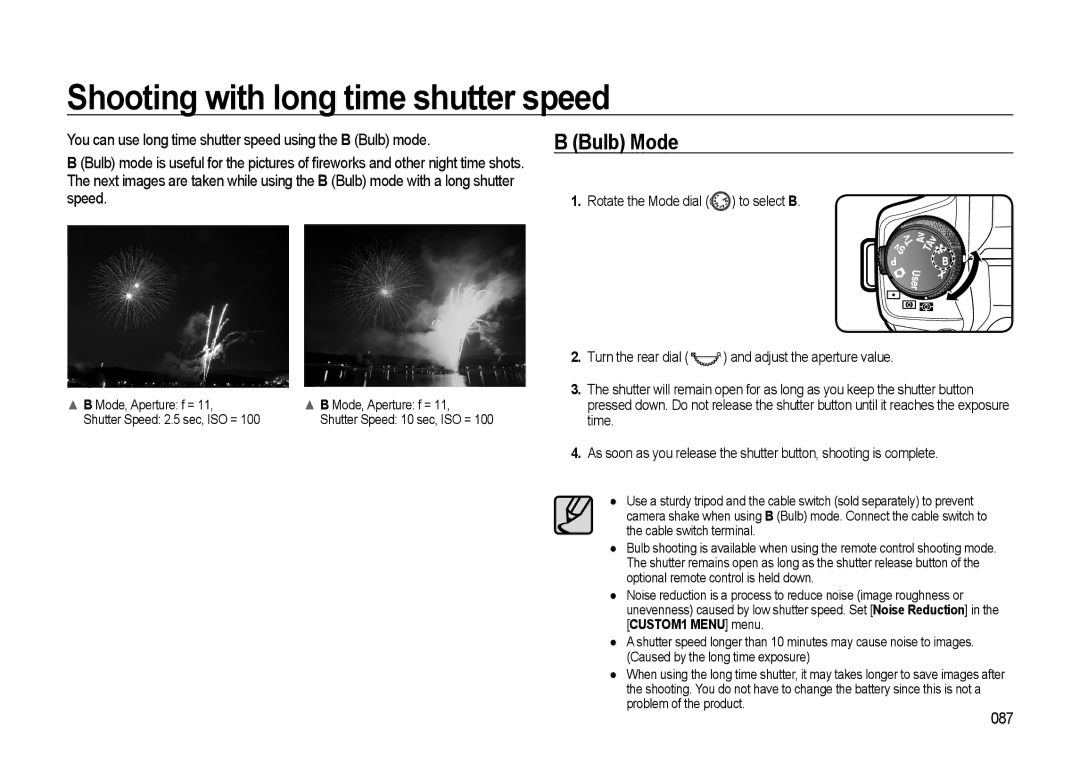 Samsung GX-20 manual Shooting with long time shutter speed, Bulb Mode, 087, Rotate the Mode dial to select B 