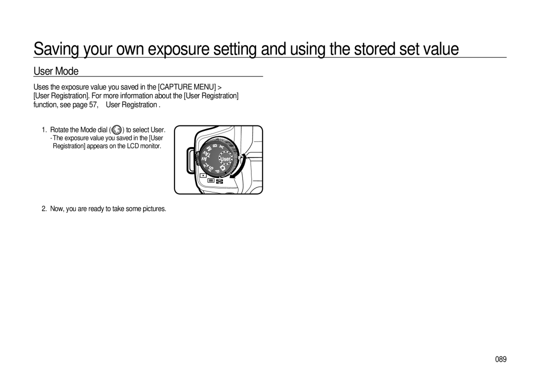 Samsung GX-20 manual User Mode, 089, Rotate the Mode dial to select User 