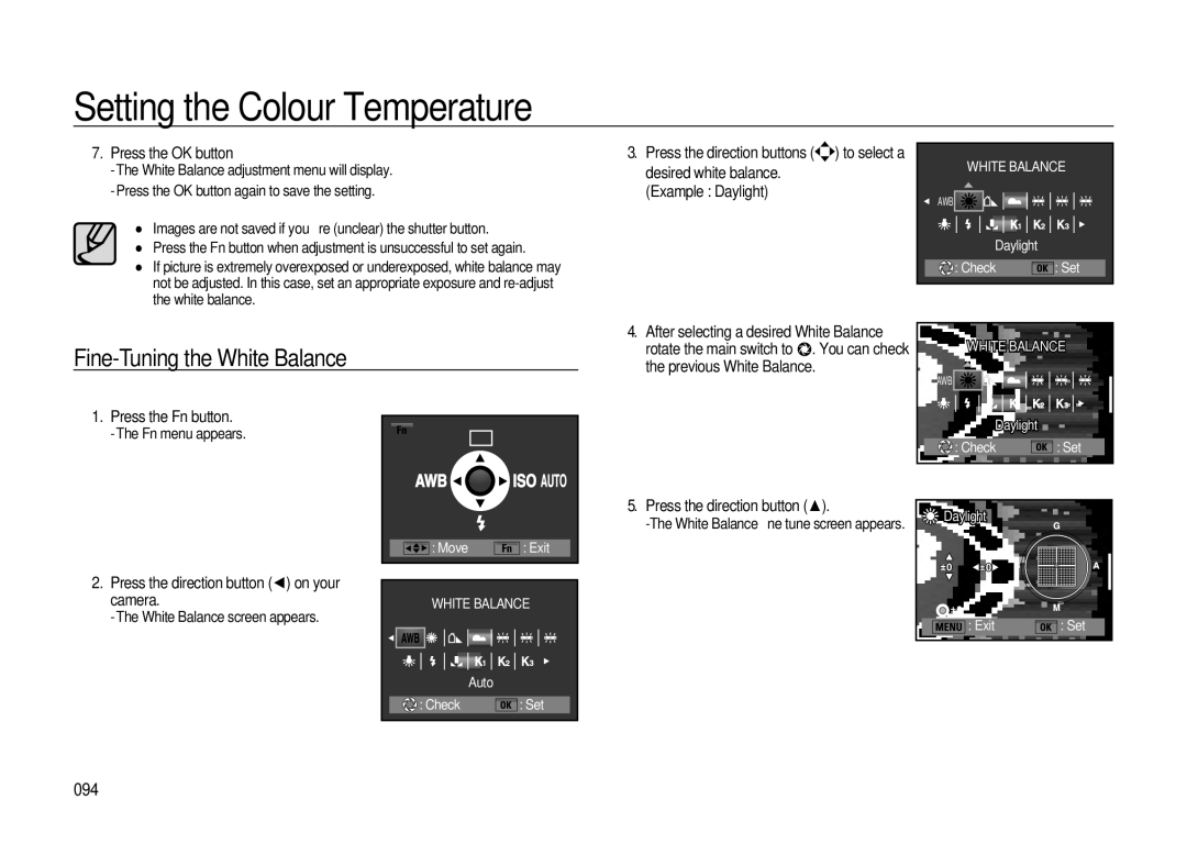 Samsung GX-20 manual Fine-Tuning the White Balance, 094, Daylight Check Set, Auto Check Set Exit Set 