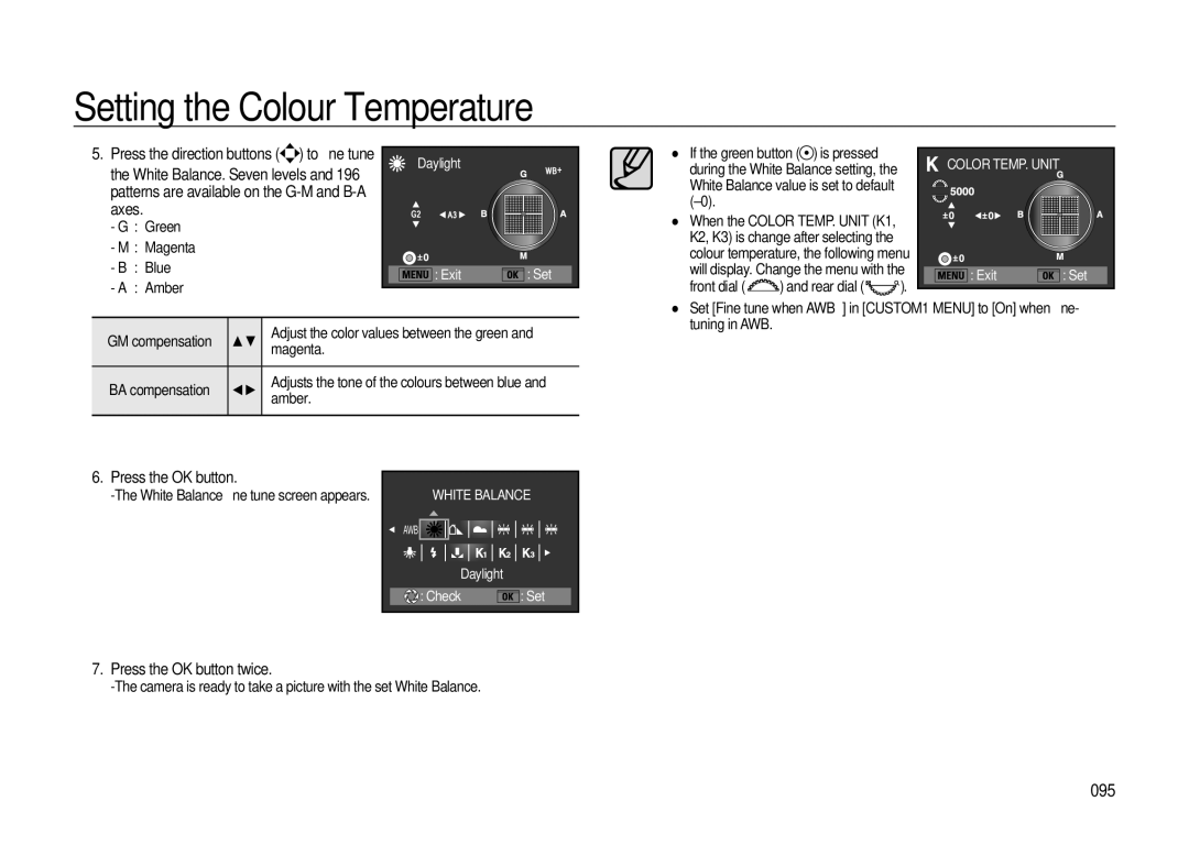 Samsung GX-20 manual 095, Press the OK button twice, Green Magenta Blue Amber, Daylight Exit Set, GM compensation 