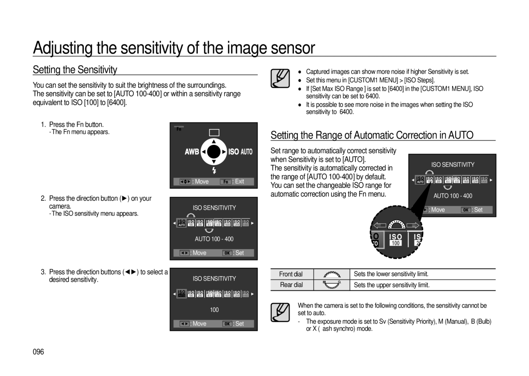 Samsung GX-20 manual Adjusting the sensitivity of the image sensor, Setting the Sensitivity, 096 