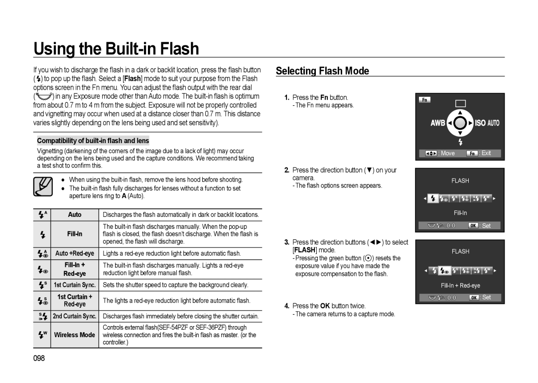 Samsung GX-20 manual Using the Built-in Flash, Selecting Flash Mode, 098, Compatibility of built-in ﬂash and lens 