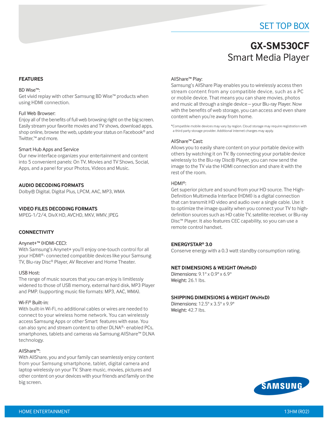 Samsung GX-SM530CF manual Features 