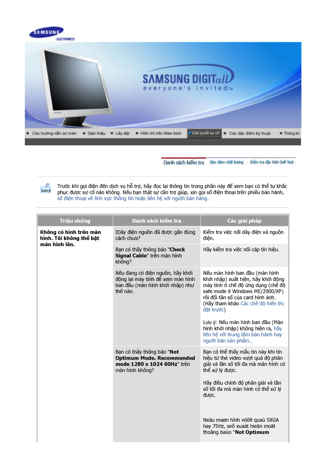 Samsung GY15VSSS/VNT manual Triệu chứng, Không có hình trên màn hình. Tôi không thể bật màn hình lên, Danh sách kiểm tra 