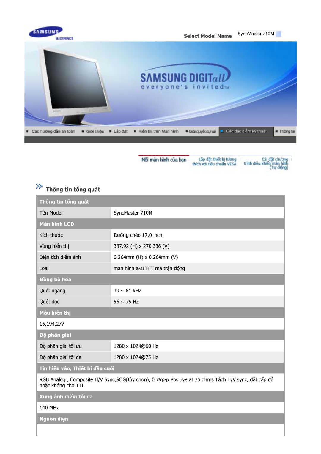 Samsung GY15VSSS/XSH, GY15VSSN/XSG, GY15VSSB/MYA, GY15VSSS/XSA, GY15VSSN/XSS, GY15VSSS/KES manual Tên Model SyncMaster 710M 