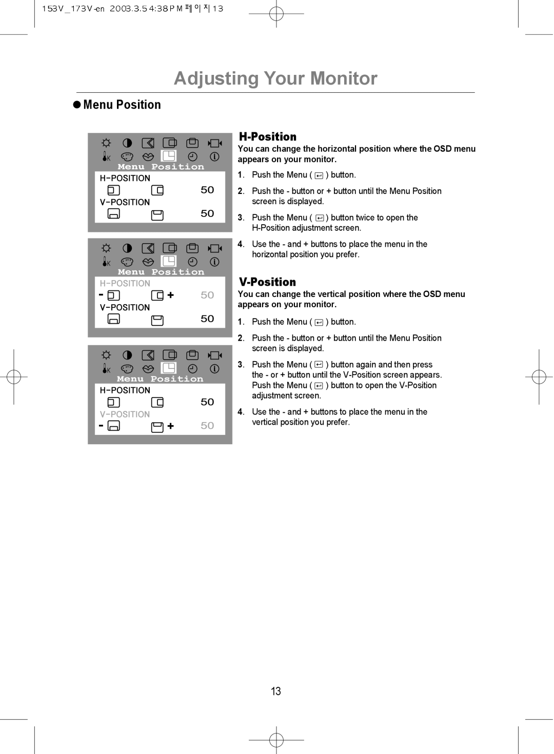 Samsung GY17VSSB/XSG, GY15VSSN/XSG, GY15VSSB/MYA, GY15VSSS/XSA, GY15VSSN/XSS, GY15VSSS/KES, GY17VSSS/VNT manual Menu Position 