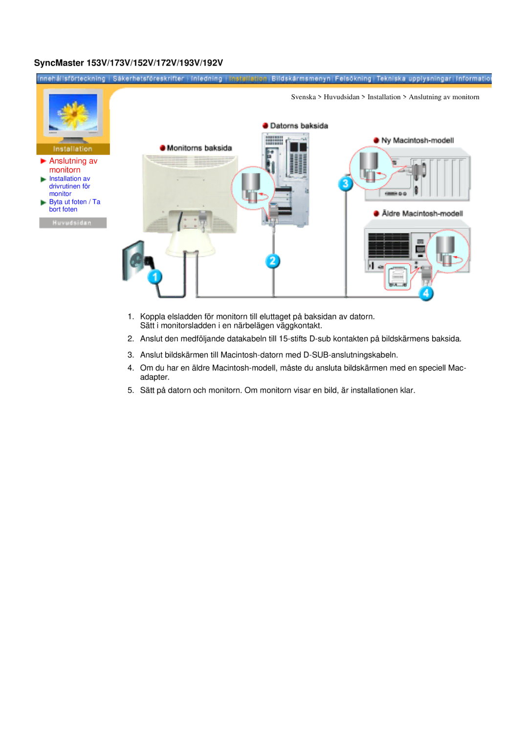 Samsung GY17CSSS/EDC, GY15VSSS/EDC, GY15CSSS/EDC manual SyncMaster 153V/173V/152V/172V/193V/192V, Anslutning av monitorn 