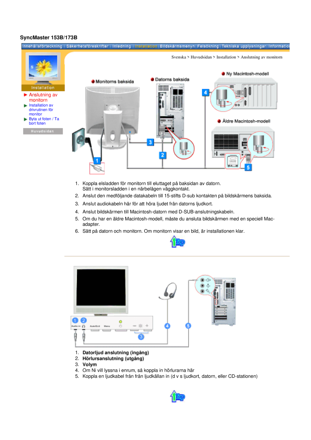 Samsung GY15VSSS/EDC, GY15CSSS/EDC manual SyncMaster 153B/173B, Datorljud anslutning ingång Hörlursanslutning utgång Volym 