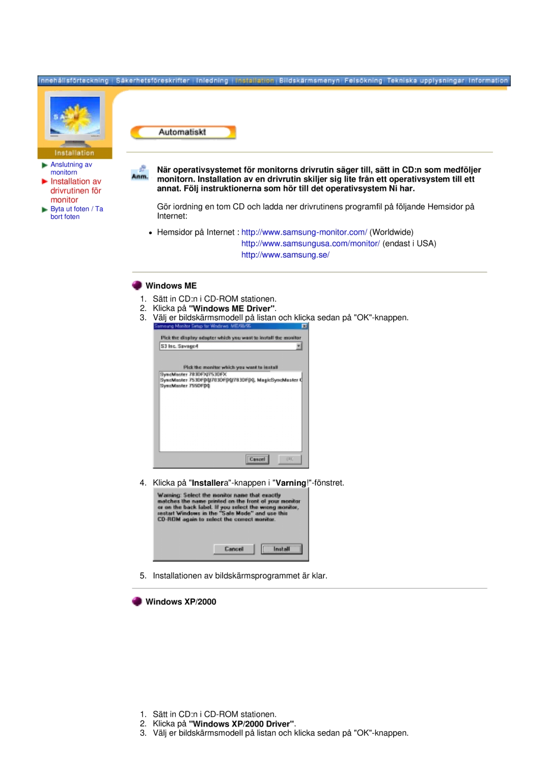 Samsung GY15CSSS/EDC manual Installation av drivrutinen för monitor, Klicka på Windows ME Driver, Windows XP/2000 