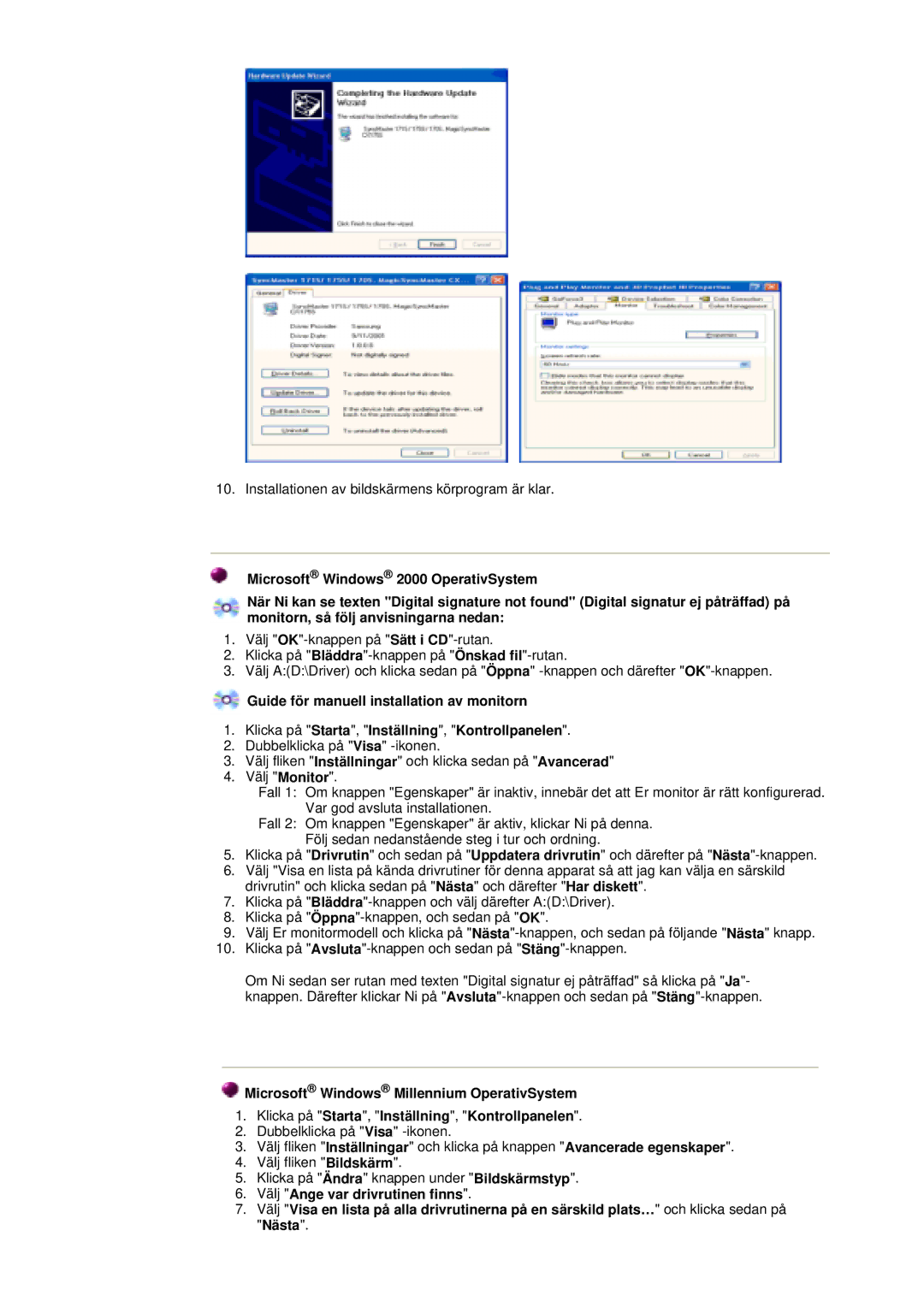 Samsung GY15CSSS/EDC, GY15VSSS/EDC, GY17CSSS/EDC, GY19VSSS/EDC manual Installationen av bildskärmens körprogram är klar 