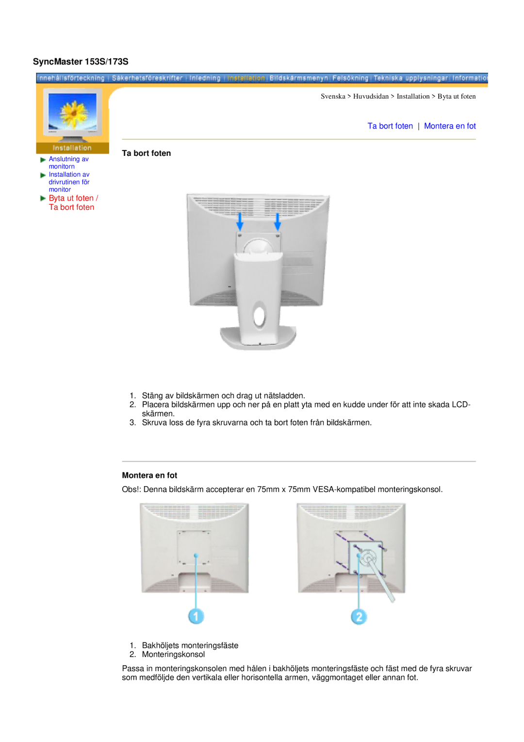 Samsung GY19VSSS/EDC, GY15VSSS/EDC, GY15CSSS/EDC, GY17CSSS/EDC manual Byta ut foten Ta bort foten, Montera en fot 