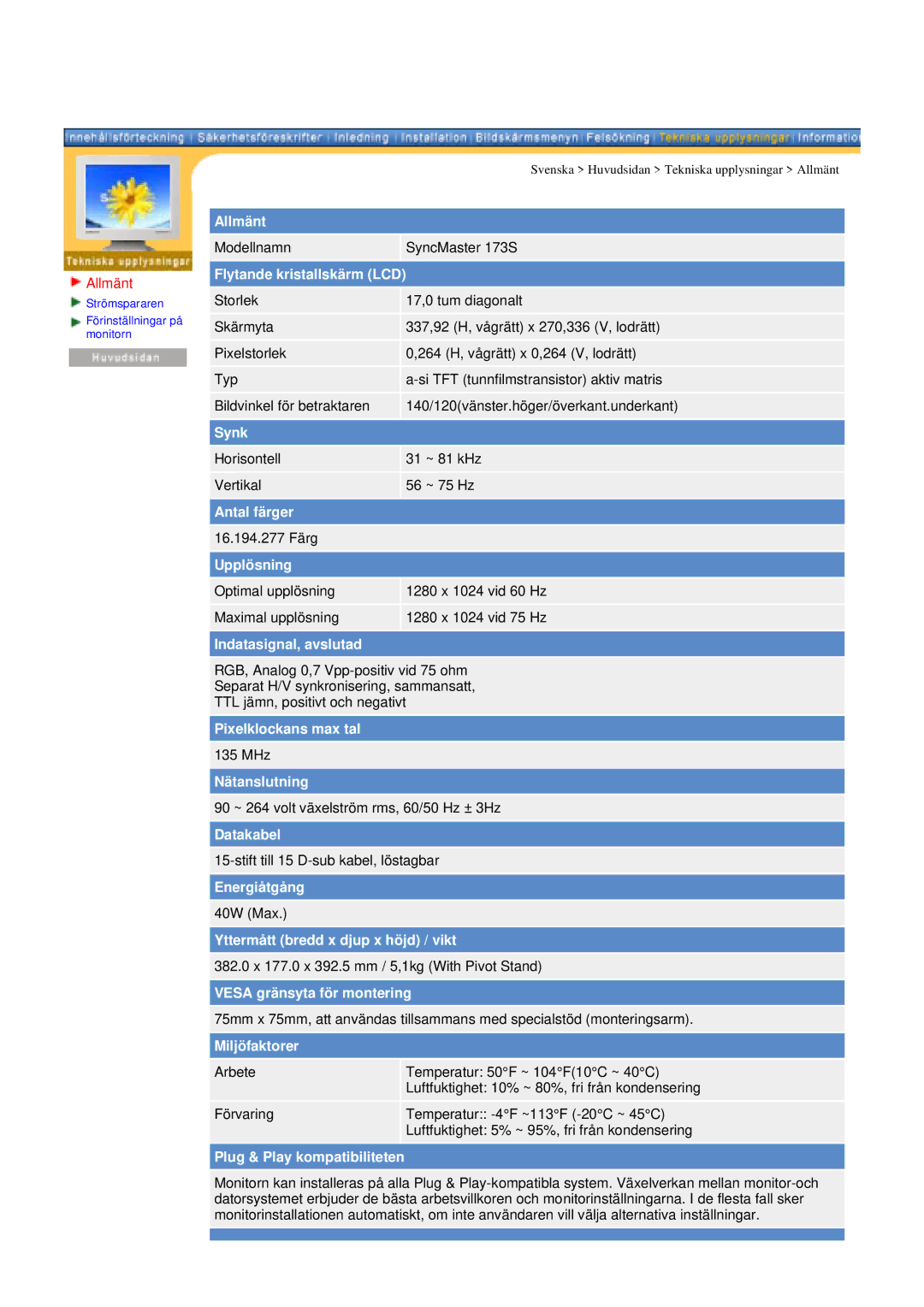 Samsung GY17CSSS/EDC, GY15VSSS/EDC, GY15CSSS/EDC, GY19VSSS/EDC manual Modellnamn SyncMaster 173S 