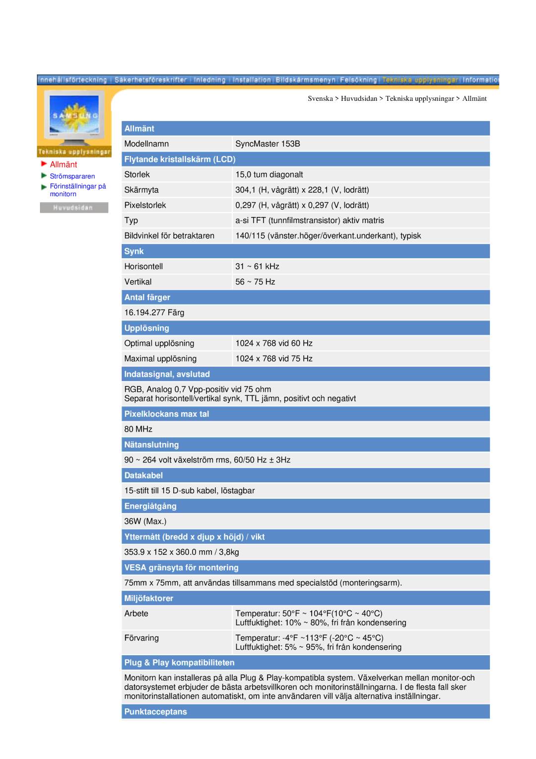 Samsung GY15VSSS/EDC, GY15CSSS/EDC, GY17CSSS/EDC, GY19VSSS/EDC manual Modellnamn SyncMaster 153B 