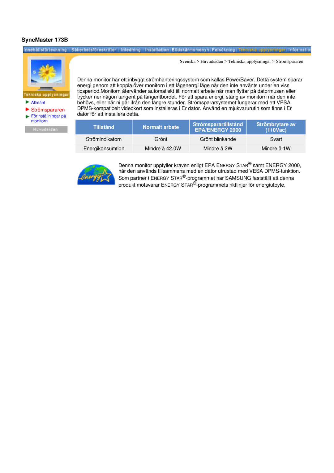 Samsung GY19VSSS/EDC, GY15VSSS/EDC, GY15CSSS/EDC, GY17CSSS/EDC manual SyncMaster 173B, Mindre ä 42.0W Mindre ä 2W Mindre ä 1W 