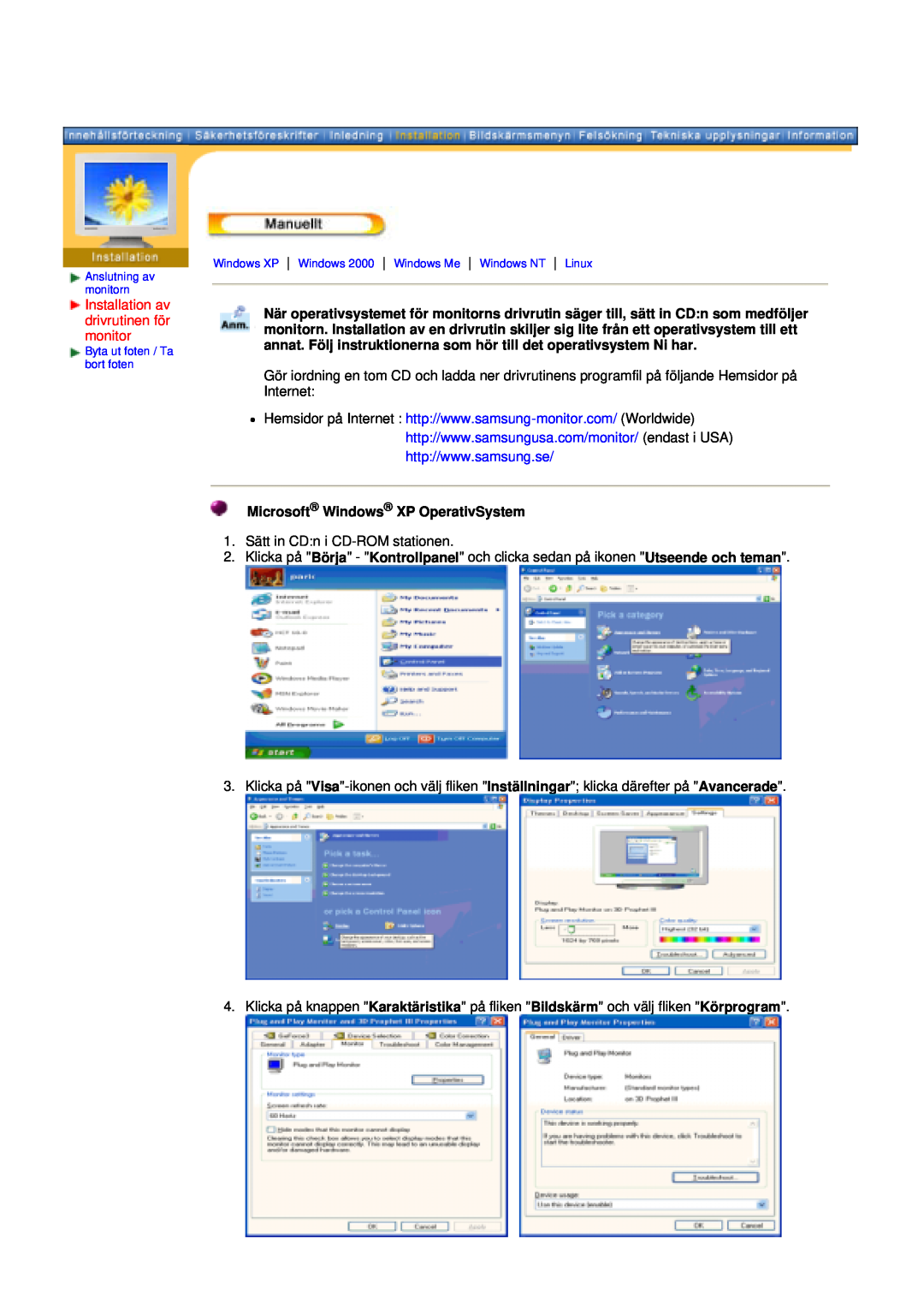 Samsung GY19VSSS/EDC, GY15VSSS/EDC manual Installation av drivrutinen för monitor, Microsoft Windows XP OperativSystem 