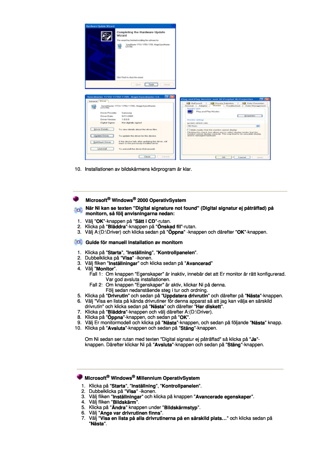 Samsung GY15CSSS/EDC, GY15VSSS/EDC manual Microsoft Windows 2000 OperativSystem, Guide för manuell installation av monitorn 