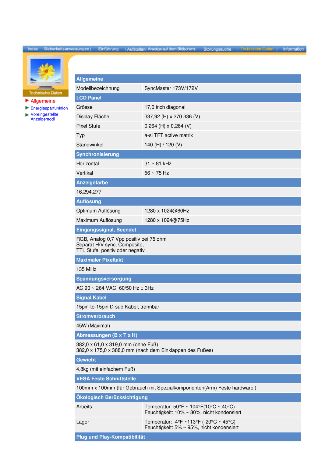 Samsung GY17CSSS/EDC, GY15VSSS/EDC, GY15CSSS/EDC, GY17VSSS/EDC, GY15VSSN/XEU, GY17MSGS Modellbezeichnung SyncMaster 173V/172V 