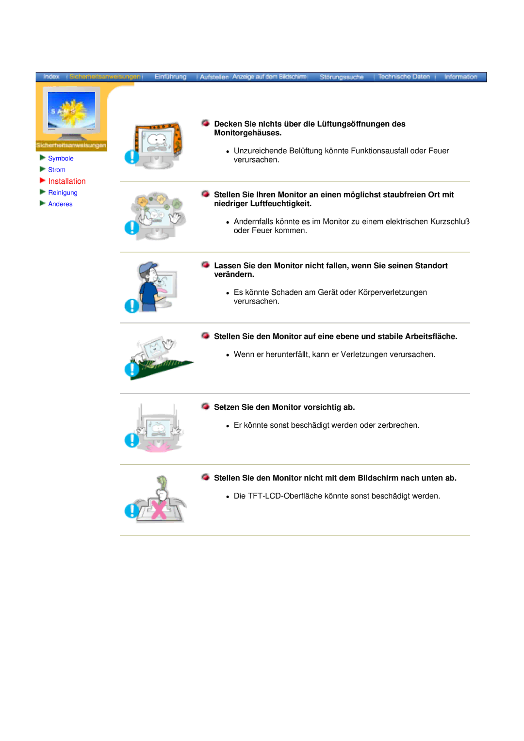 Samsung GY17CSSS/EDC, GY15VSSS/EDC, GY15CSSS/EDC, GY17VSSS/EDC, GY17MSGS Installation, Setzen Sie den Monitor vorsichtig ab 