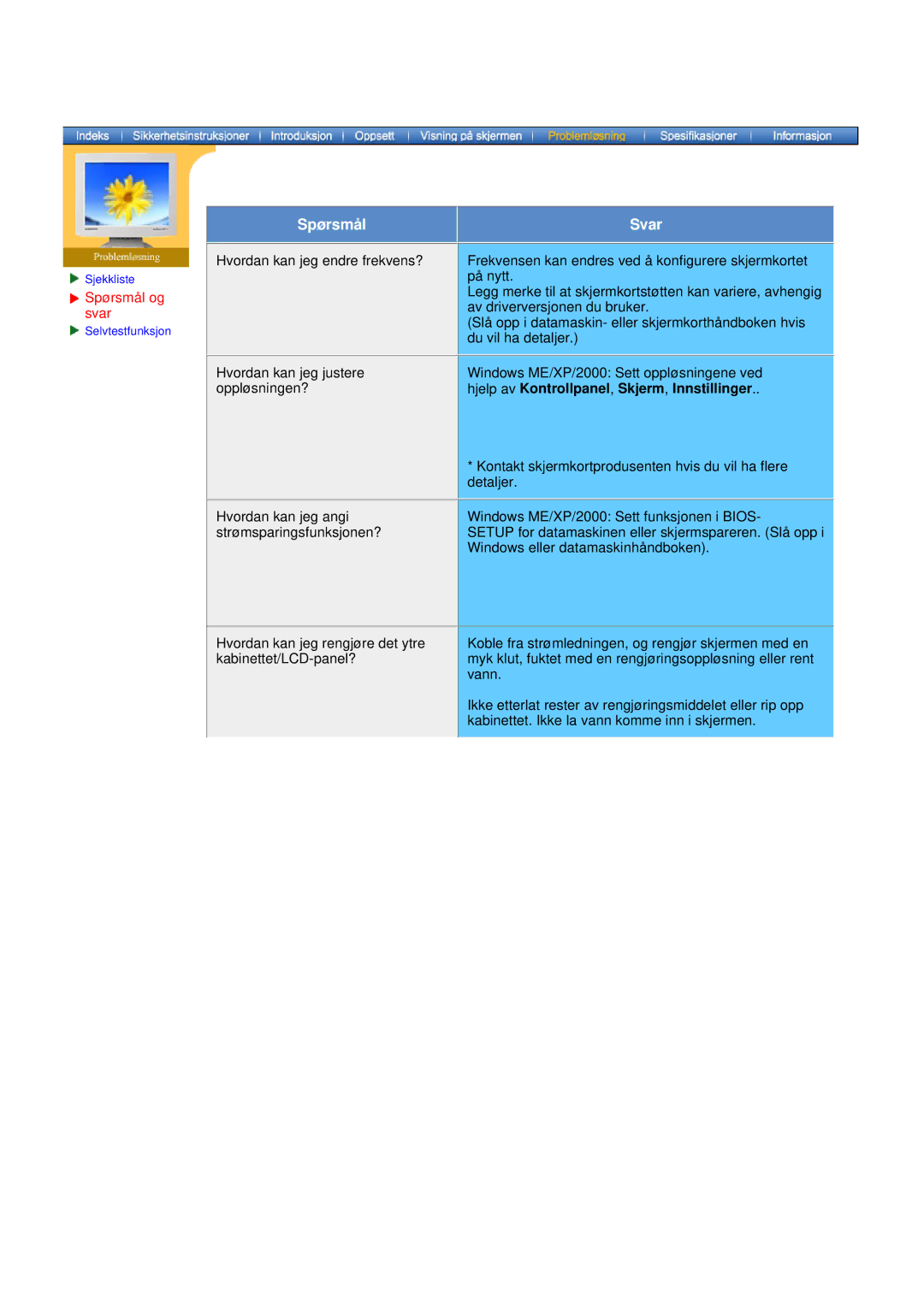 Samsung GY17CTSN/EDC, GY15VTSN/EDC manual Spørsmål, Hjelp av Kontrollpanel, Skjerm, Innstillinger 