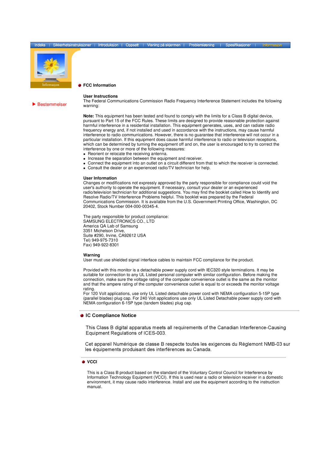 Samsung GY15VTSN/EDC, GY17CTSN/EDC manual IC Compliance Notice, Bestemmelser warning 