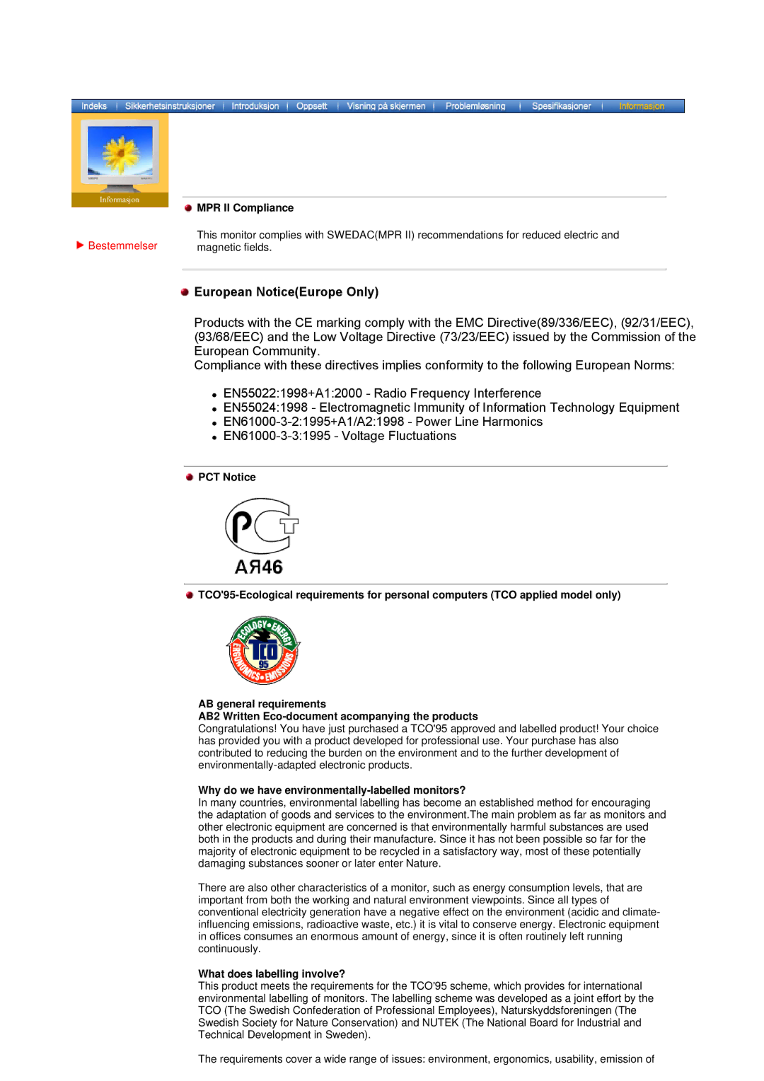 Samsung GY17CTSN/EDC, GY15VTSN/EDC manual MPR II Compliance, Bestemmelser, Why do we have environmentally-labelled monitors? 