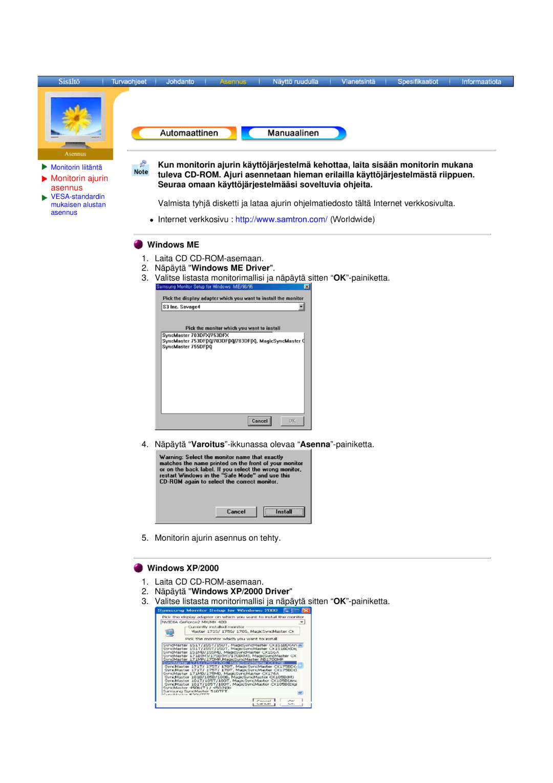 Samsung GY17CTSN/EDC, GY15VTSN/EDC manual Näpäytä Windows ME Driver, Näpäytä Windows XP/2000 Driver 