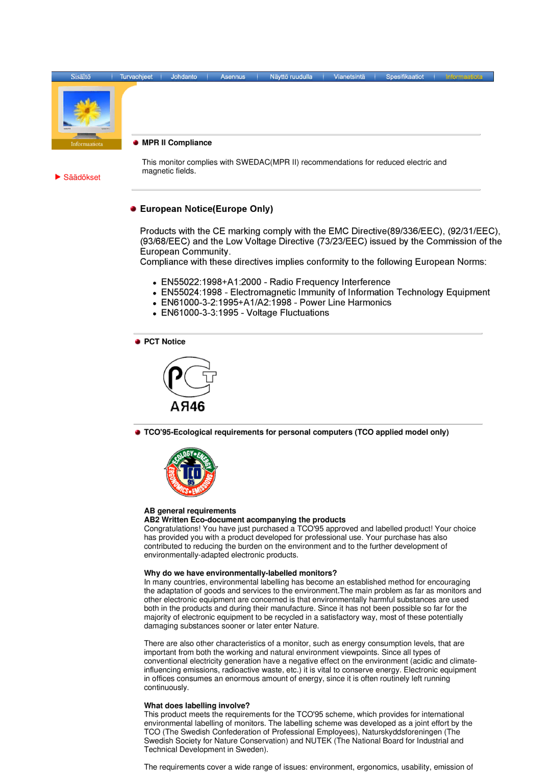 Samsung GY15VTSN/EDC, GY17CTSN/EDC manual MPR II Compliance, Säädökset, Why do we have environmentally-labelled monitors? 