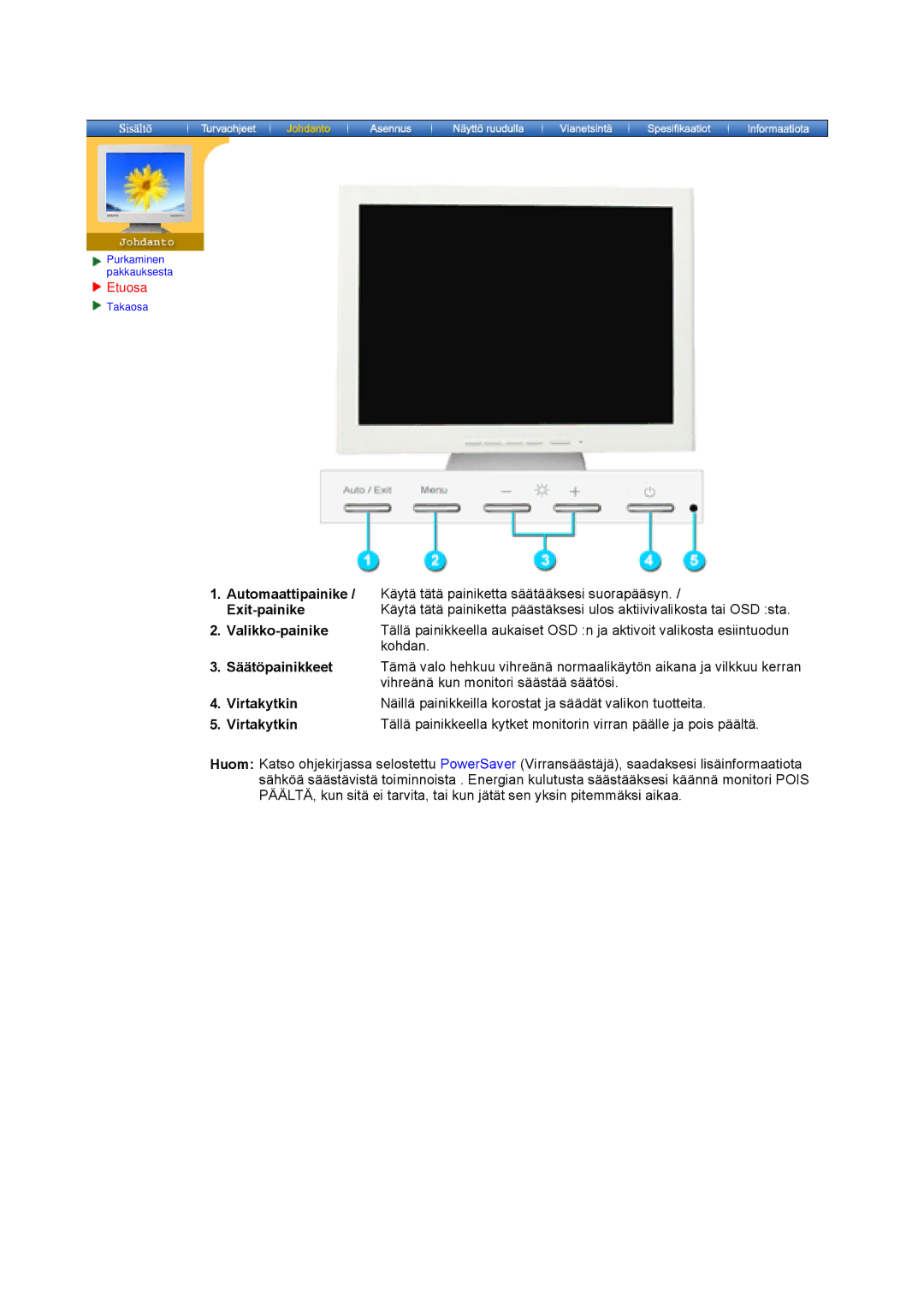 Samsung GY15VTSN/EDC, GY17CTSN/EDC manual Exit-painike, Valikko-painike, Kohdan, Etuosa 