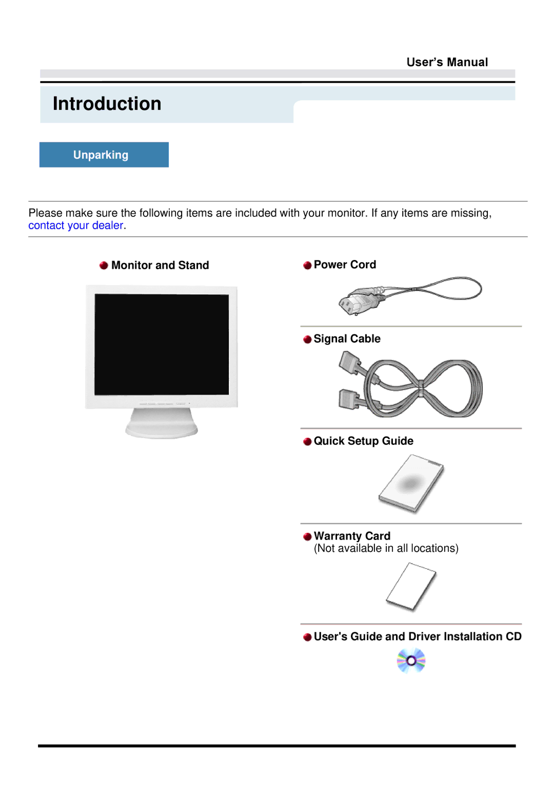 Samsung GY17VTSN/EDC manual Introduction, Unparking, Monitor and Stand, Signal Cable Quick Setup Guide Warranty Card 