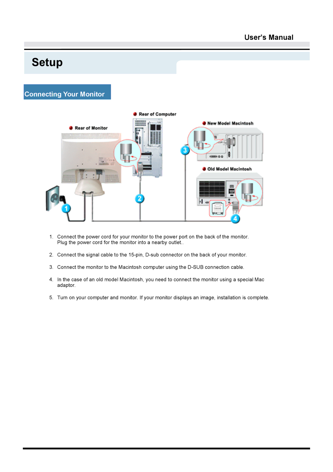 Samsung GY17VTSN/EDC, GY15VTSN/EDC, GY17CTSN/EDC manual Setup, Connecting Your Monitor 